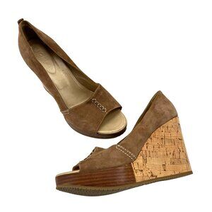 Hogan Women's sz 39.5 US 8.5  Brown Suede Cork Wedge Peep Toe Heels Italy